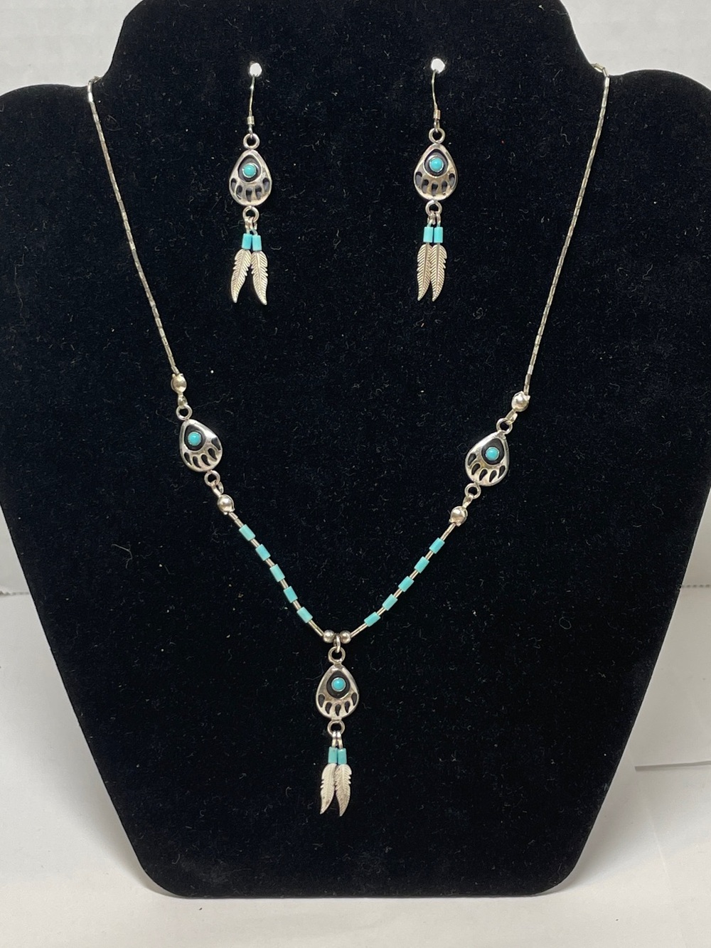 VTG Native Am Style 925 Bear Claw Necklace Earrings Sterling silver Turquoise